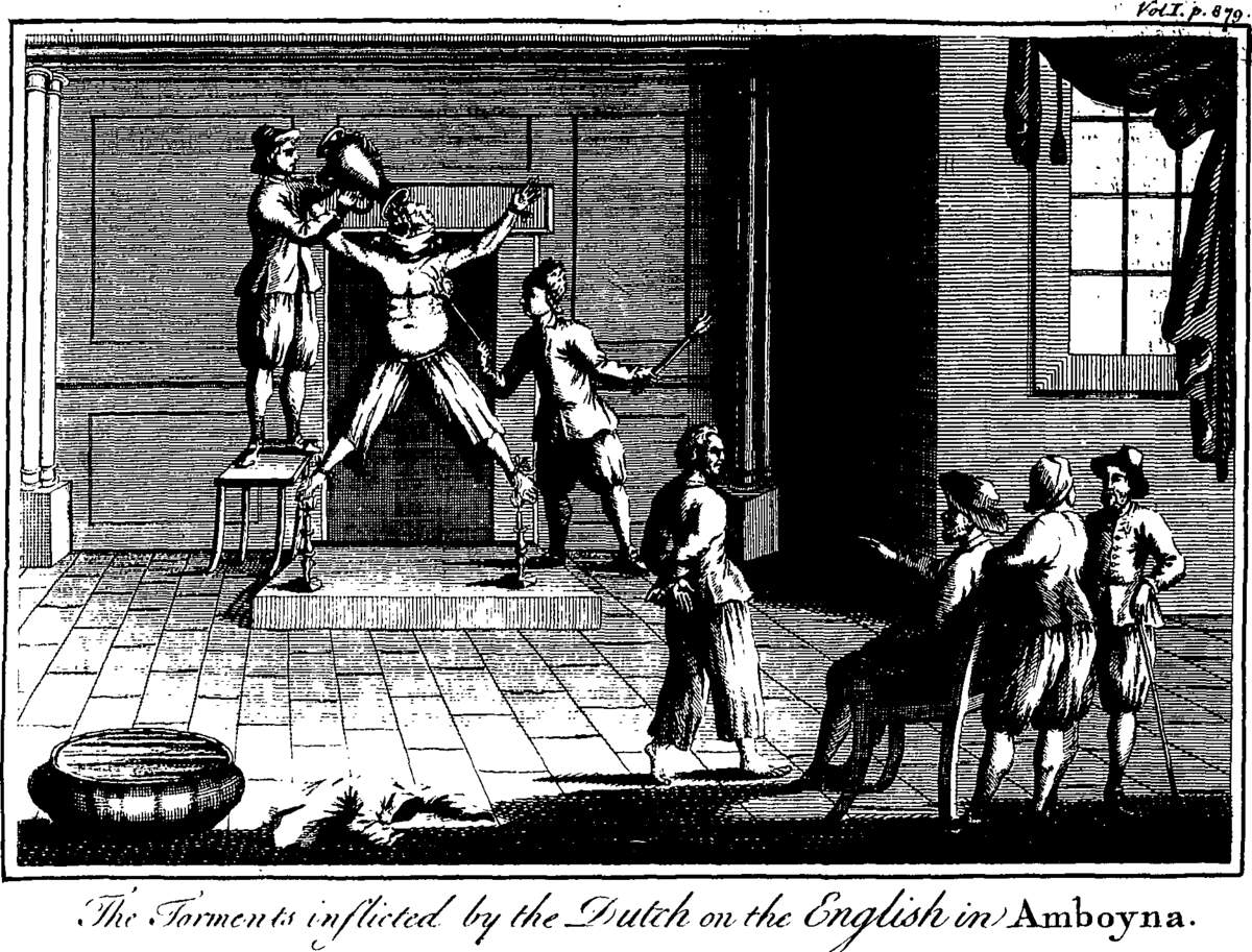 Supplice de l’eau : « Tourments infligés par les Hollandais aux Anglais à Amboyna » (1744) via Wikimedia
