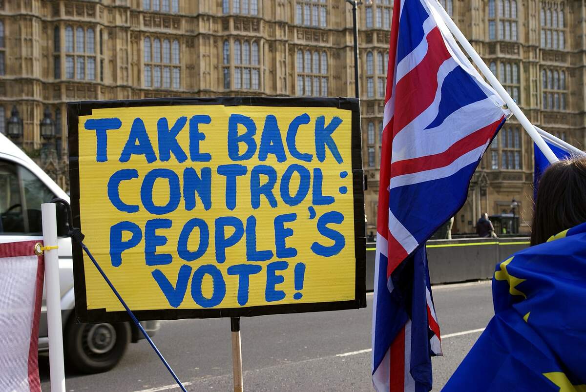 Bannière pro-Brexit, 2019 · ChiralJon via Wikimédia