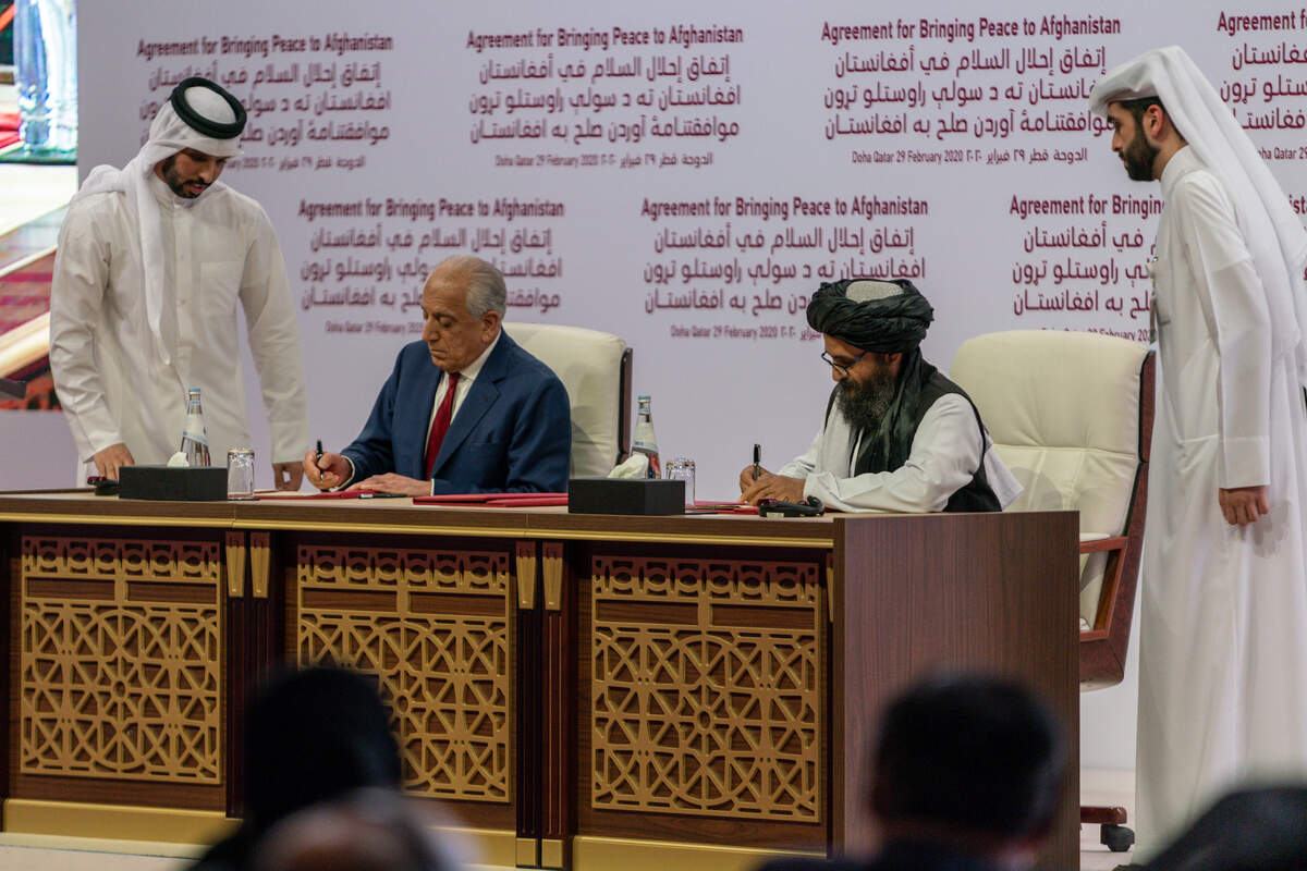 Signature de l’accord de paix avec les Talibans à Doha, auquel à participé Pompéo en tant que témoin. Février 2020, crédits : U.S. Department of State from United States via Wikimédia