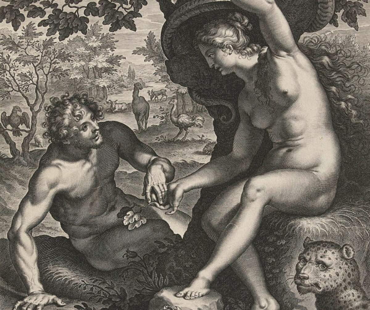 Adam et Eve, gravure de Cornelius Galle (conservée au Rijksmuseum d’Amsterdam), d’après un tableau - ou un dessin - de Giovanni Battista Paggi, entre 1587 et 1612 
