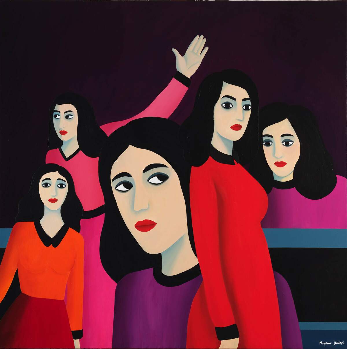 Exposition « Femme ou rien ». « Meeting », 2020, Acrylique sur toile, 140 x 140 cm. Droits : Marjane Satrapi