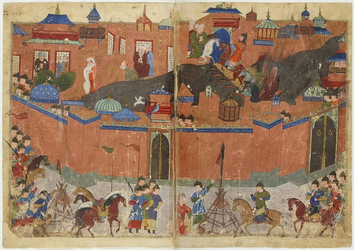 L’armée d’Houlagou Khan attaque Bagdad (1258). | Bibliothèque nationale de France, Département des Manuscrits, Division orientale, Supplément persan 1113, fol. 180v-181