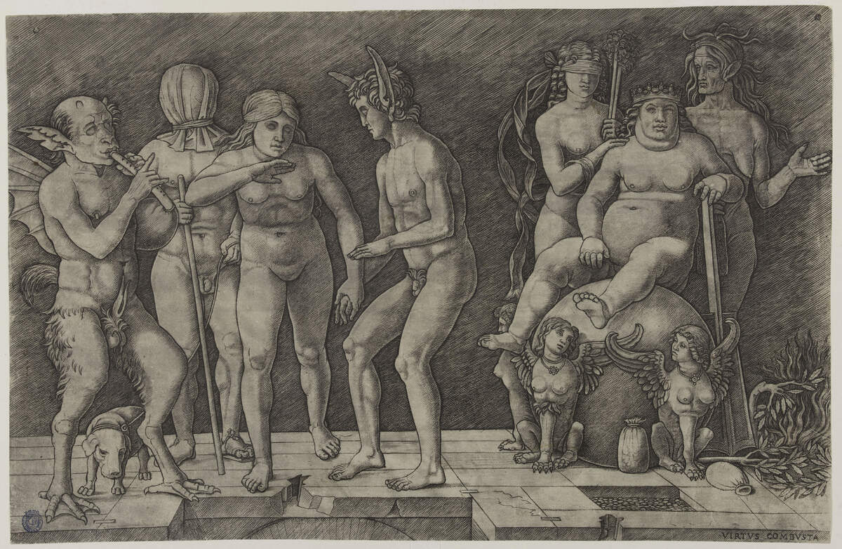 Allégorie ou L’Ignorance assise sur un globe, d’après Mantegna. Bartsch 16. Bartsch illustré tome 25 (volume 13, 2ème partie), page 158. Zoan, Andrea (Anvers (Antwerpen), avant 1475 - vers 1505), graveur