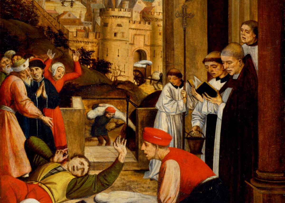 Saint Sébastien intercède auprès de Dieu pour conjurer la peste (Josse Lieferinxe, XVe siècle, détail). Wikimedia, CC BY-SA