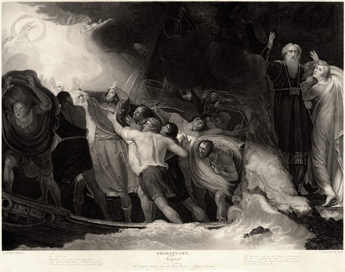 Gravure de Benjamin Smith (1797) inspirée d’une peinture de George Romney, illustrant la première scène de La Tempête de Shakespeare.