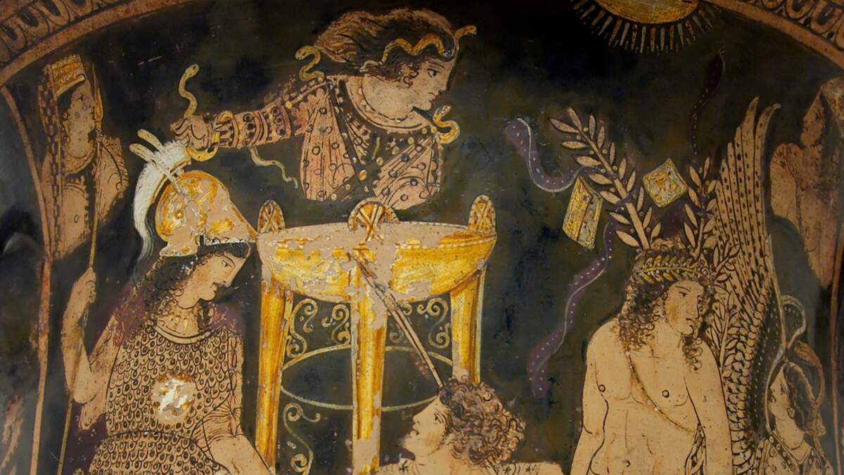 Les Érinyes, Oreste à Delphes. Cratère en cloche paestan à figures rouges, vers 330 av. J.-C.