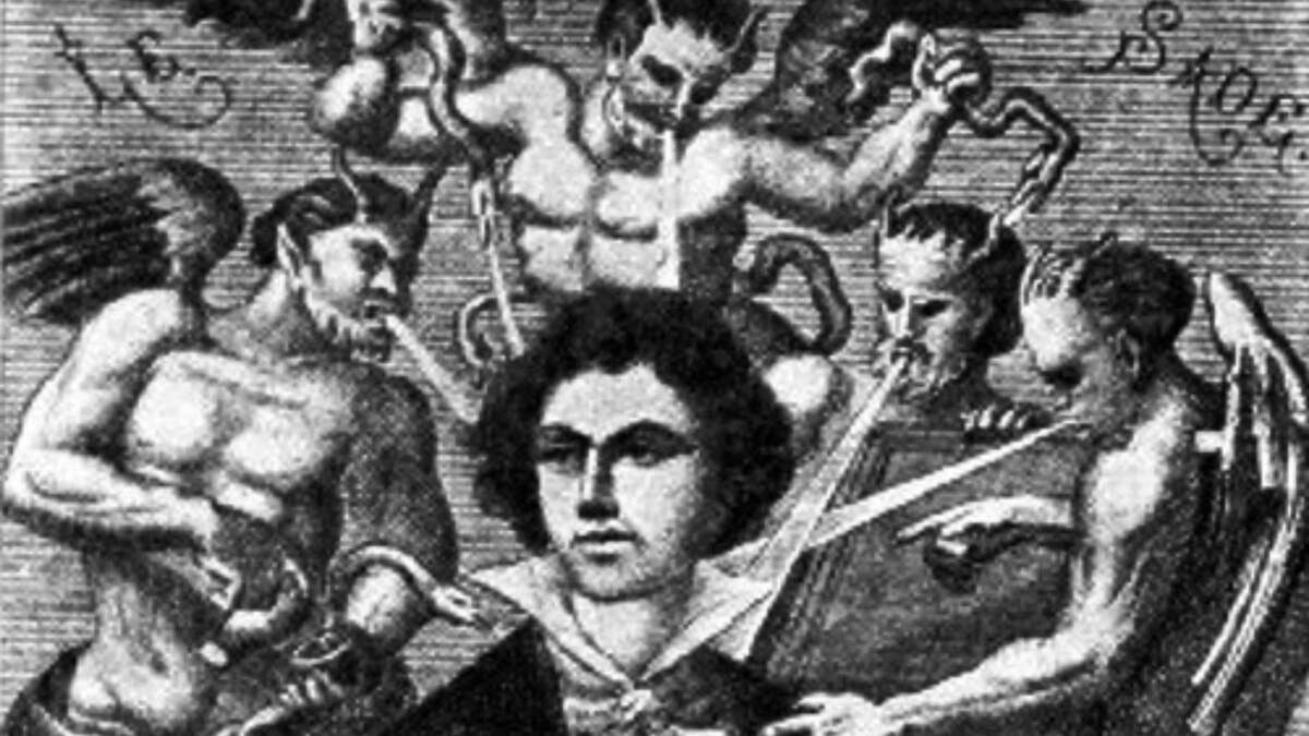 Portrait imaginaire du XIXe siècle, par H. Biberstein : Sade soumis aux quatre vents des suggestions diaboliques