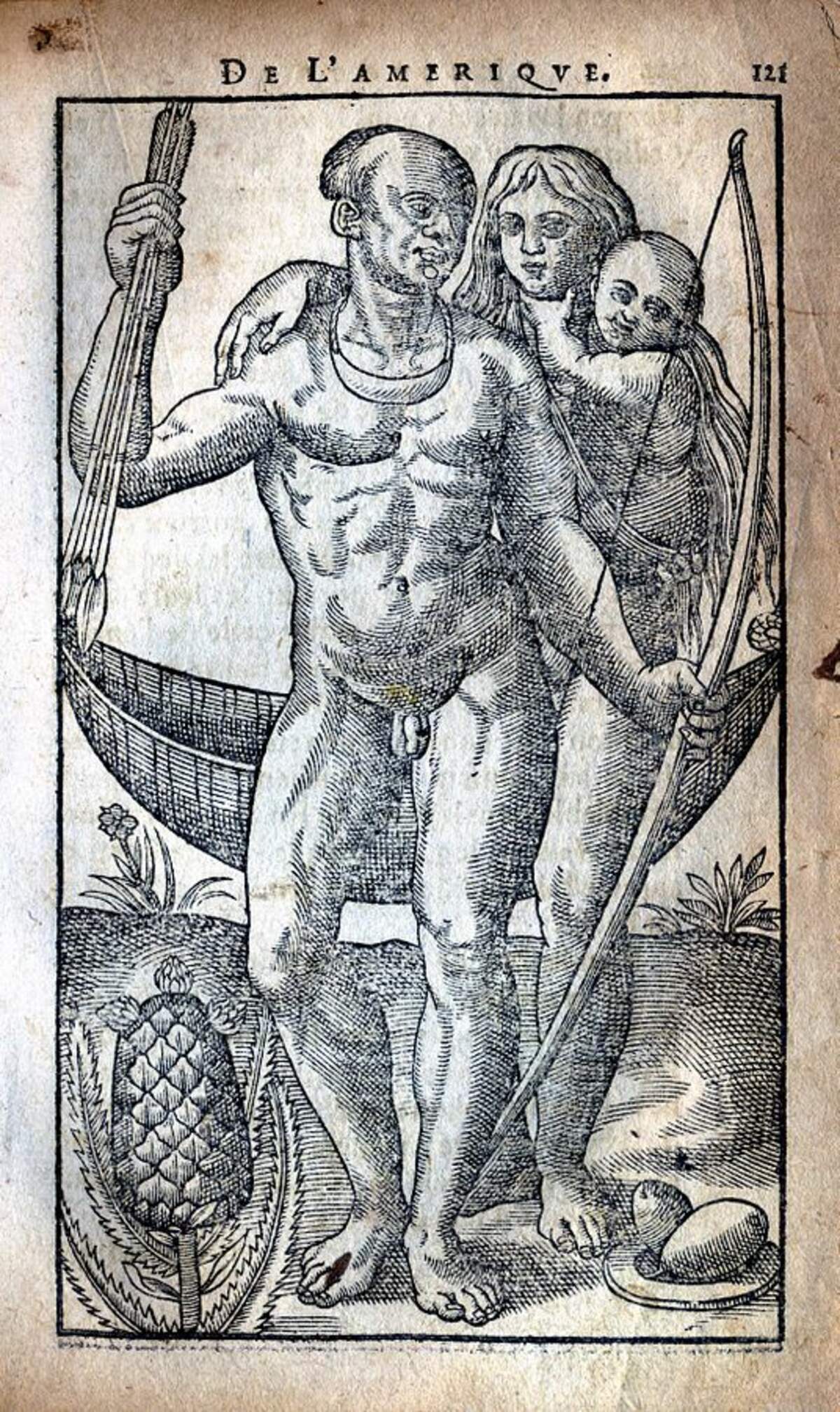 Gravure illustrant l’« Histoire d’un voyage fait en la terre du Brésil« de Jean de Léry et représentant une famille d’Amérindiens du Brésil / Wikimedia Commons, Tetratkys