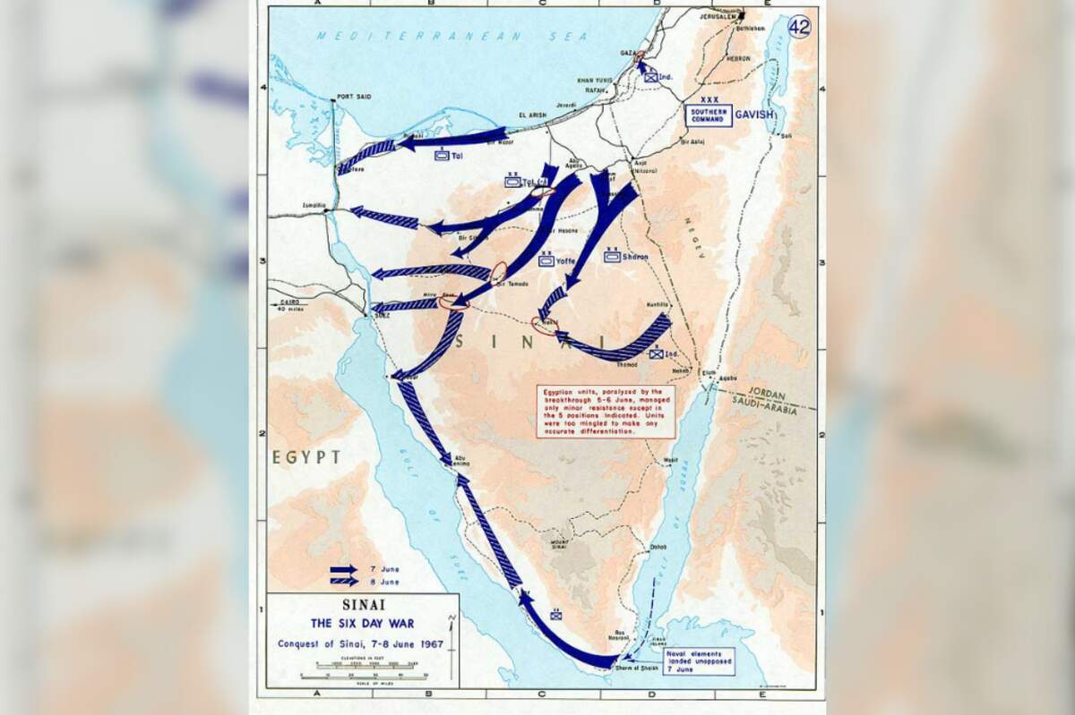 Conquête du Sinaï les 7 et 8 juin 1967 pendant la guerre des Six Jours *Source : Département d’histoire, Académie militaire des États-Unis. Via Wikimedia