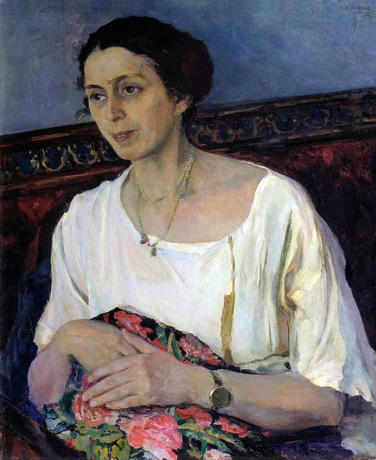 Portrait de E.P. Razumova (1936) peinture de Mikhaïl Nesterov (1862-1942). Source : musée Radichtchev via Wikimédia