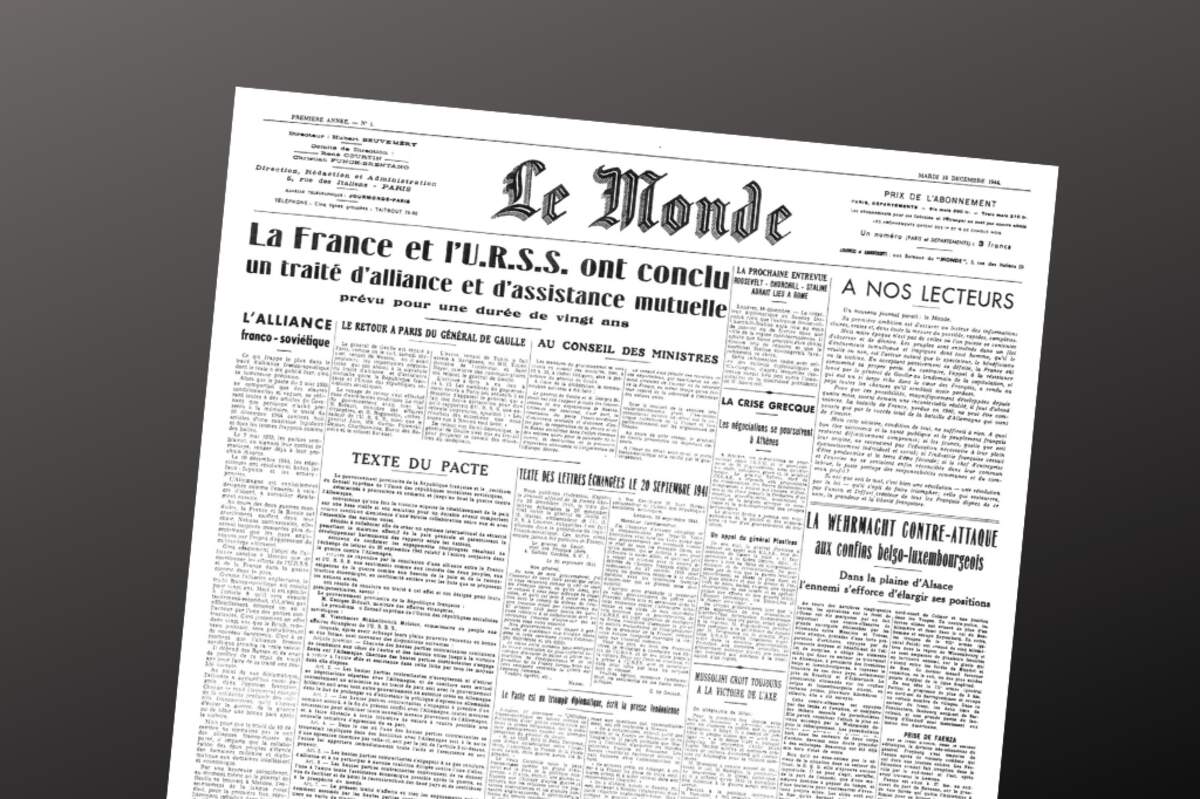 Une sur le traité d’alliance entre la France et l’URSS du premier numéro du Monde, le 19 décembre 1944. Via Wikimédia