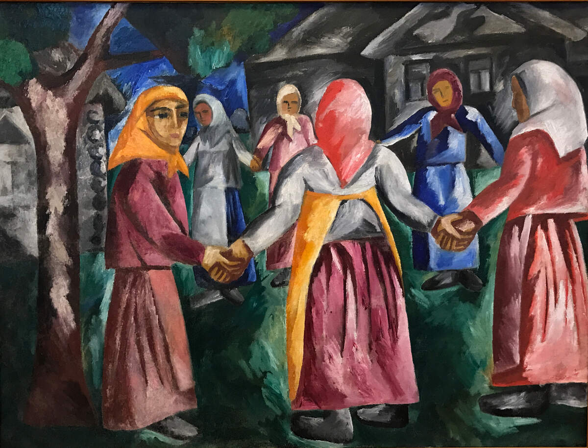 « La Ronde » (1910) de Natalia Goncharova (1881-1962). L’épouse du poète russe Alexandre Pouchkine représente dans son tableau une scène de la vie rurale. Collection du Musée Serpoukhov via Wikimédia