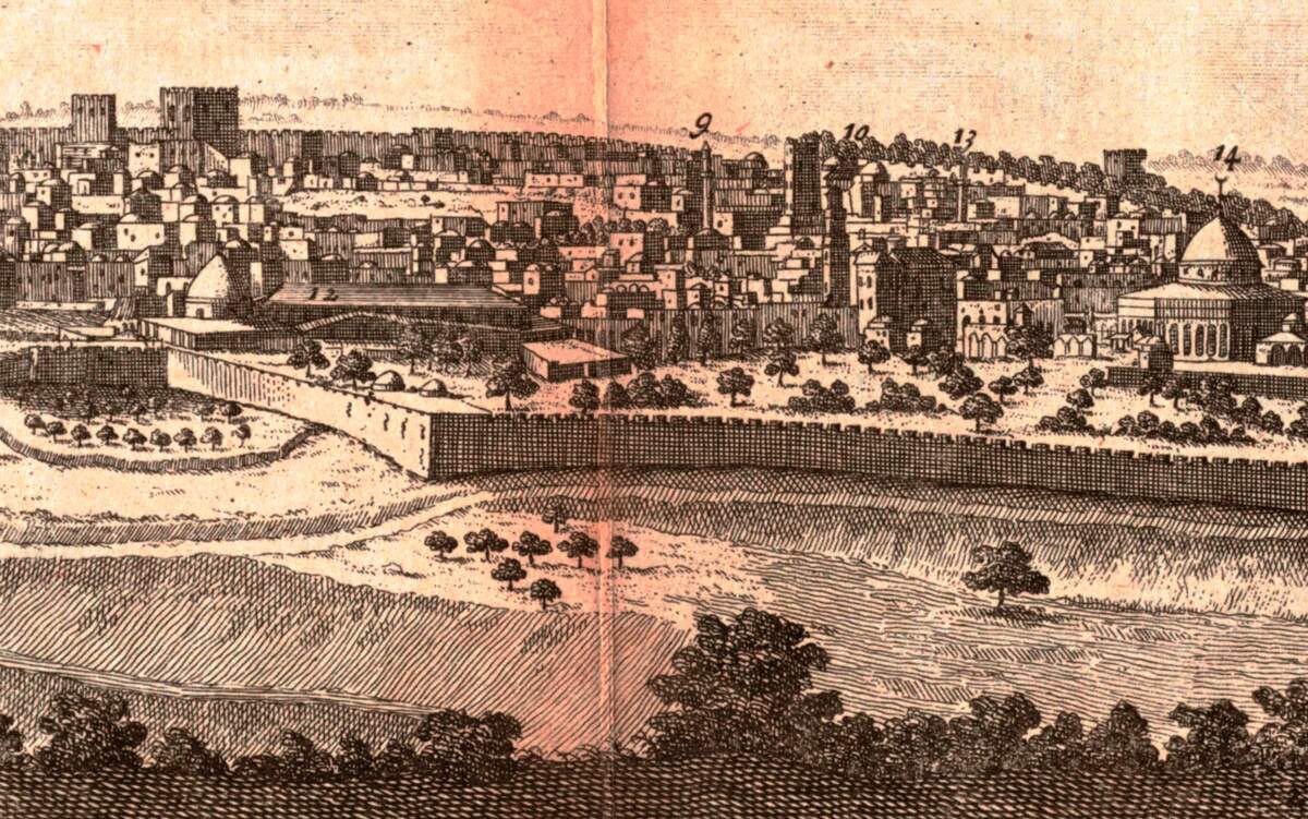 Dessin de la ville de Jérusalem, vue du sud-est par Corneille Le Bruyn et Herman Moll, 1752. Wikimédia