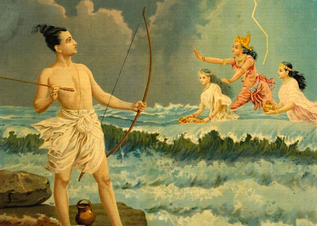 Rama conquiert Varuna, le dieu de la mer. | Photo : Raja Ravi Varma. Wikimédia