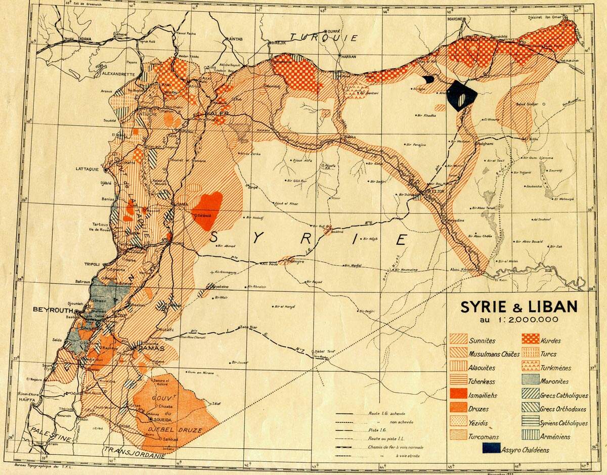 Carte des communautés religieuses et ethniques en Syrie et au Liban (1935).  La cartothèque de l’Ifpo (Institut français du Proche-Orient) Wikimédia.