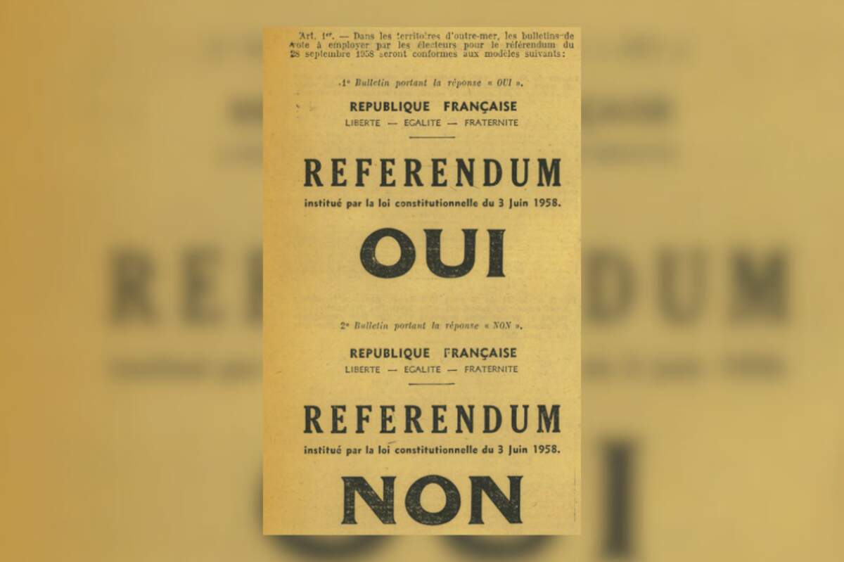 (Wikimedia) Modèles de bulletins de vote à employer par les électeurs des territoires d’outre-mer pour le référendum français du 28 septembre 1958 prévu par la loi constitutionnelle du 3 juin 1958 selon le décret n°58-745 du 20 août 1958 publié au journal officiel de la République française du 23 août 1958.