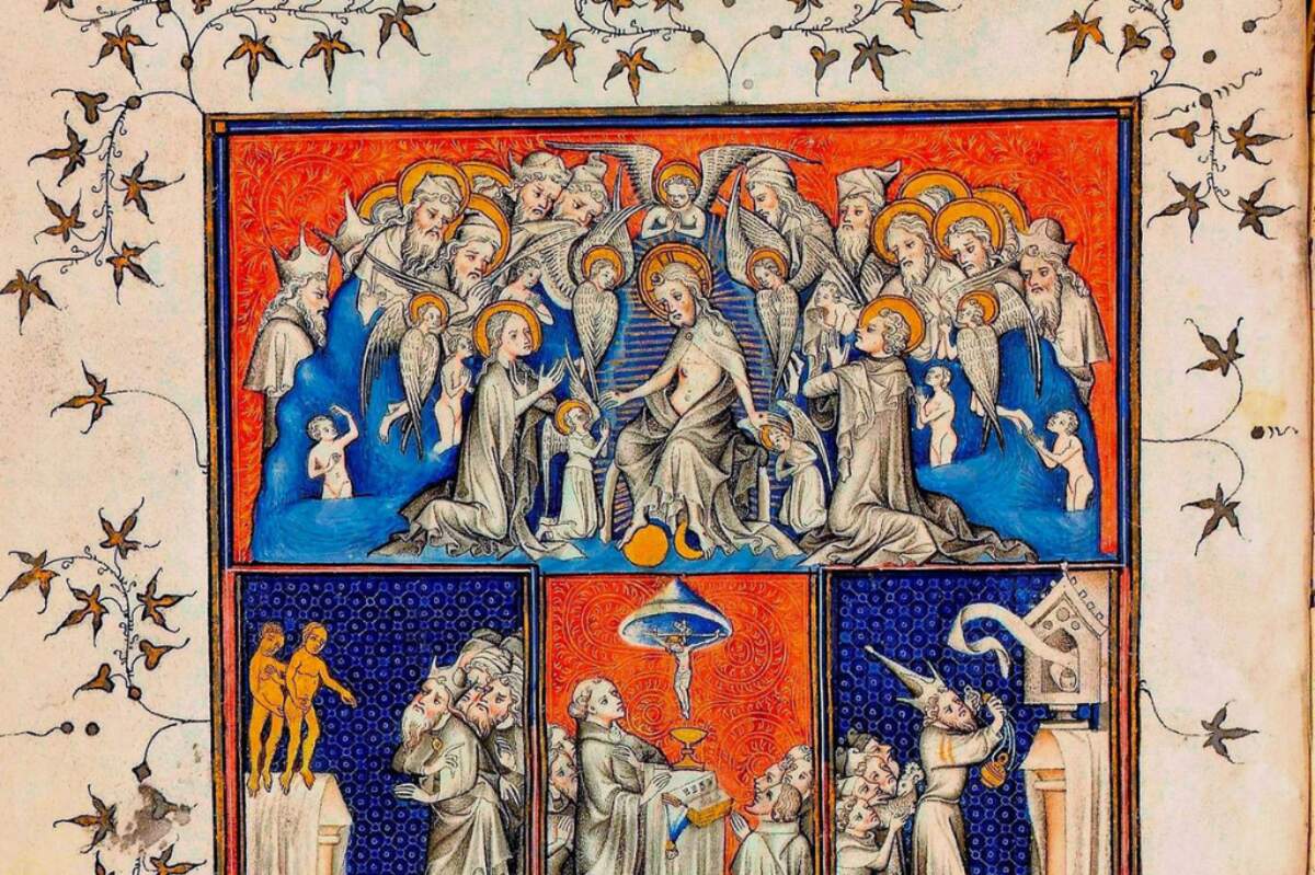 Frontispice, Cité de Dieu, traduction Raoul de Presles (Paris, Bibliothèque nationale de France, fr. 22912, fol. 2v° ; cl. BnF).