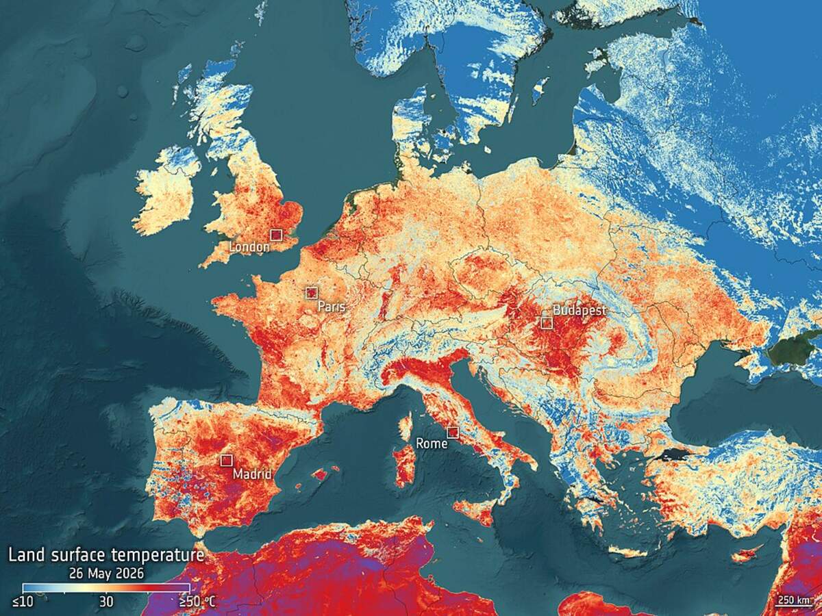 Température du sol en journée, 26 mai 2026. Par Contains modified Copernicus Sentinel data 2026, Attribution, https://commons.wikimedia.org/w/index.php?curid=192884272