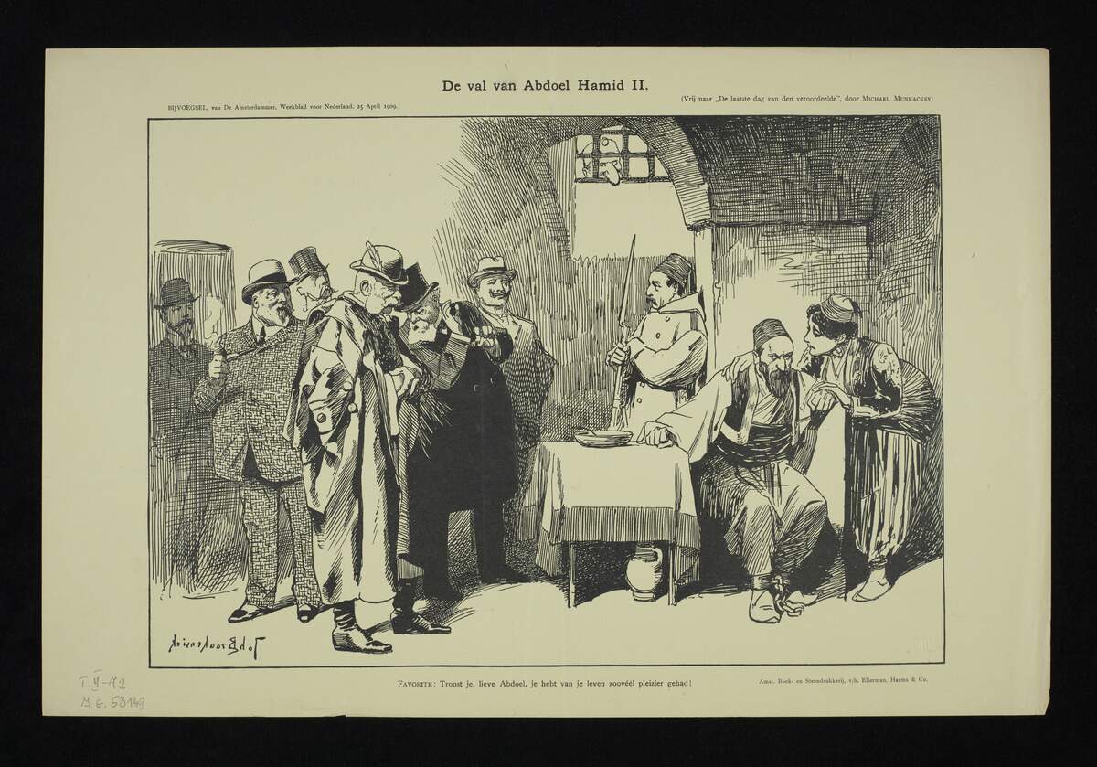 Caricature hollandaise de la déposition du sultan Abdulhamid II en 1909, par Johan Braakensiek