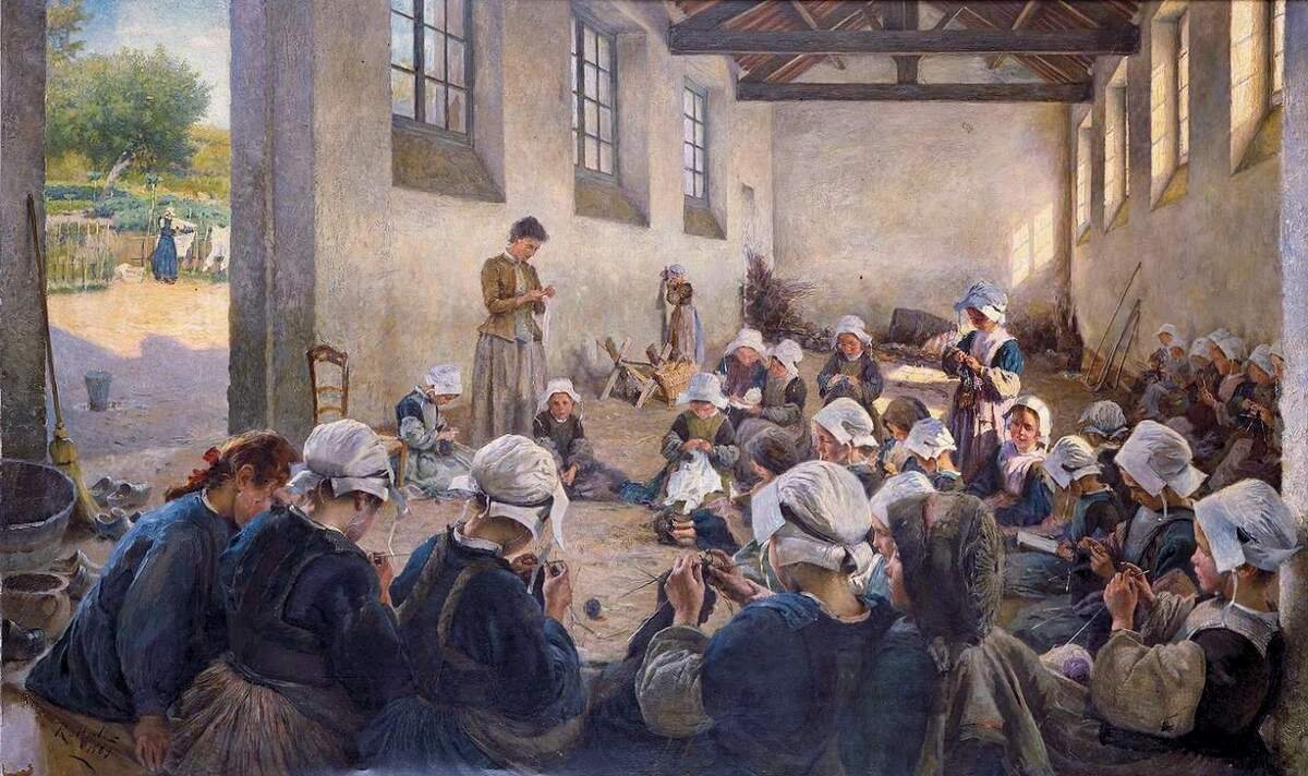 Richard Hall, La Classe manuelle. École de petites filles (Finistère), 1890, huile sur toile, 85 x 142 cm, musée des Beaux-Arts, Rennes