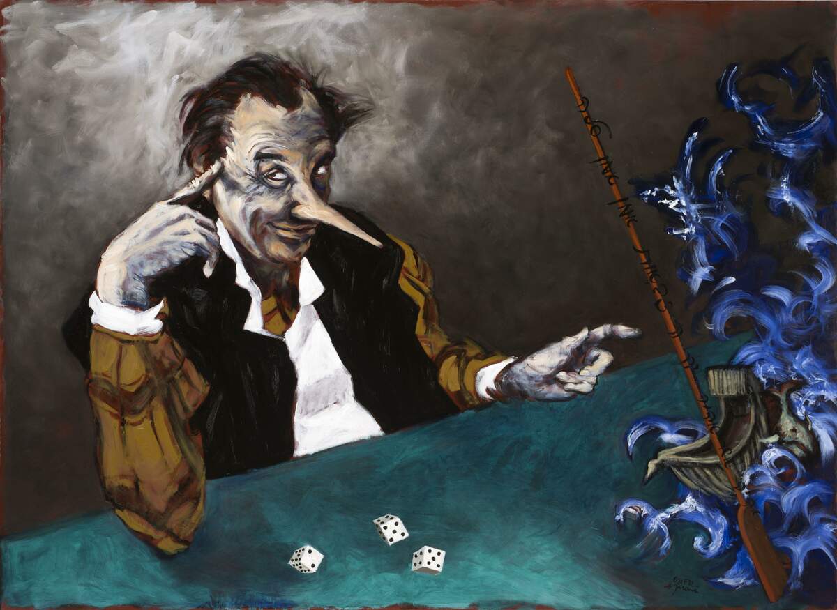 Gérard Garouste, Pinocchio et la partie de dés, 2017, Huile sur toile, 160 x 220 cm, collection particulière © ADAGP, Paris, 2022. Courtesy Templon, Paris-Bruxelles-New York. Photo Bertrand Huet-Tutti