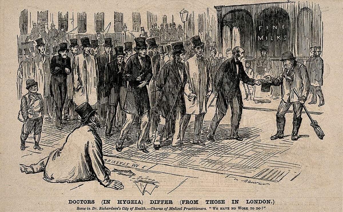 Un groupe de médecins émaciés et affamés déplorent leur manque de travail, gravure sur bois d’après George du Maurier, 1875 (Wellcome Library)