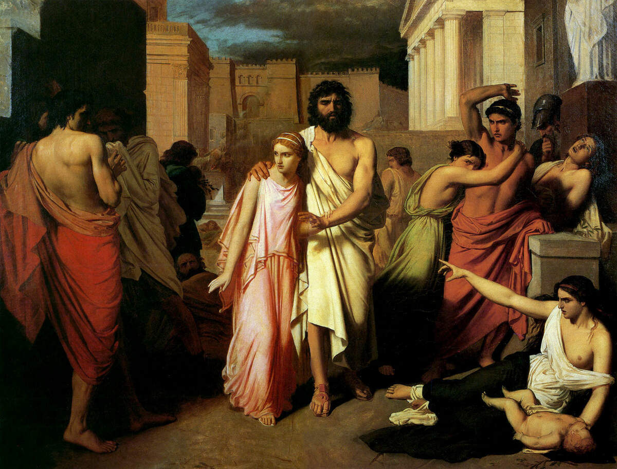 « Dans la mythologie, Œdipe incarne une histoire d’inceste vécue en toute inconscience des liens de parenté. Antigone, fille de cet inceste, supporte aussi le poids social du tabou transgressé. » Œdipe et Antigone, tableau de Charles Jalabert, huile sur t