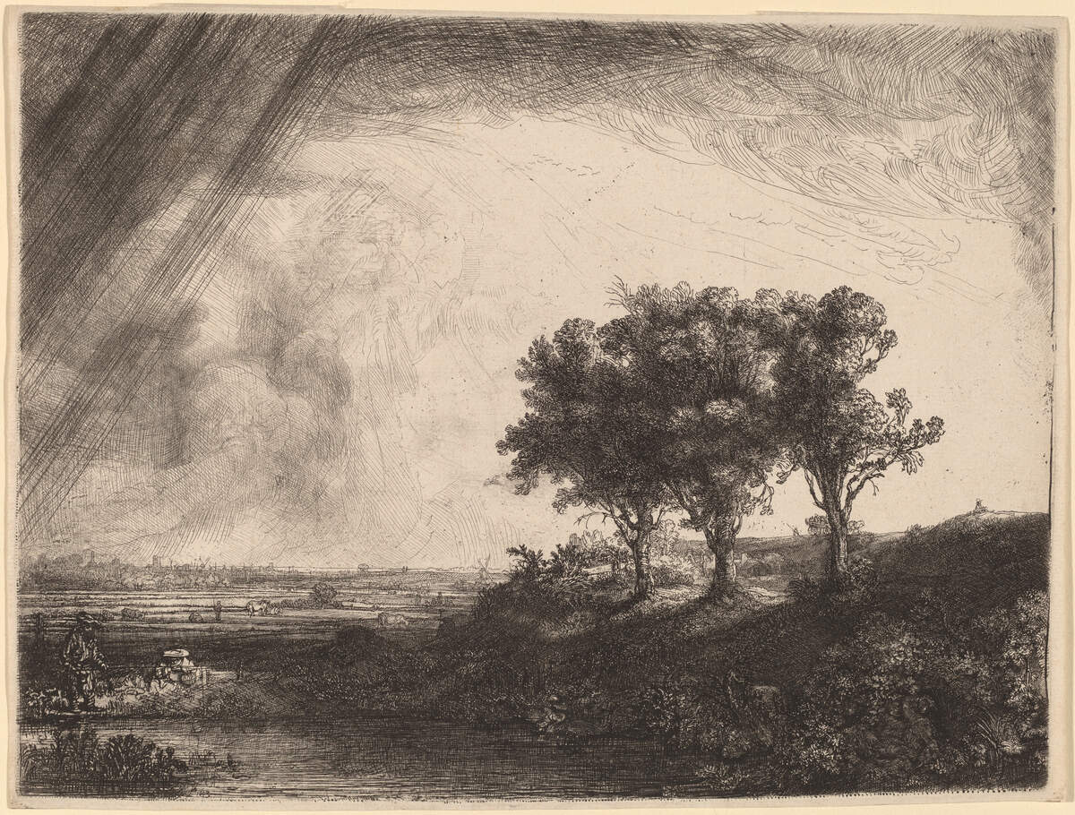 Le paysage aux trois arbres, gravure de Rembrandt (1643)