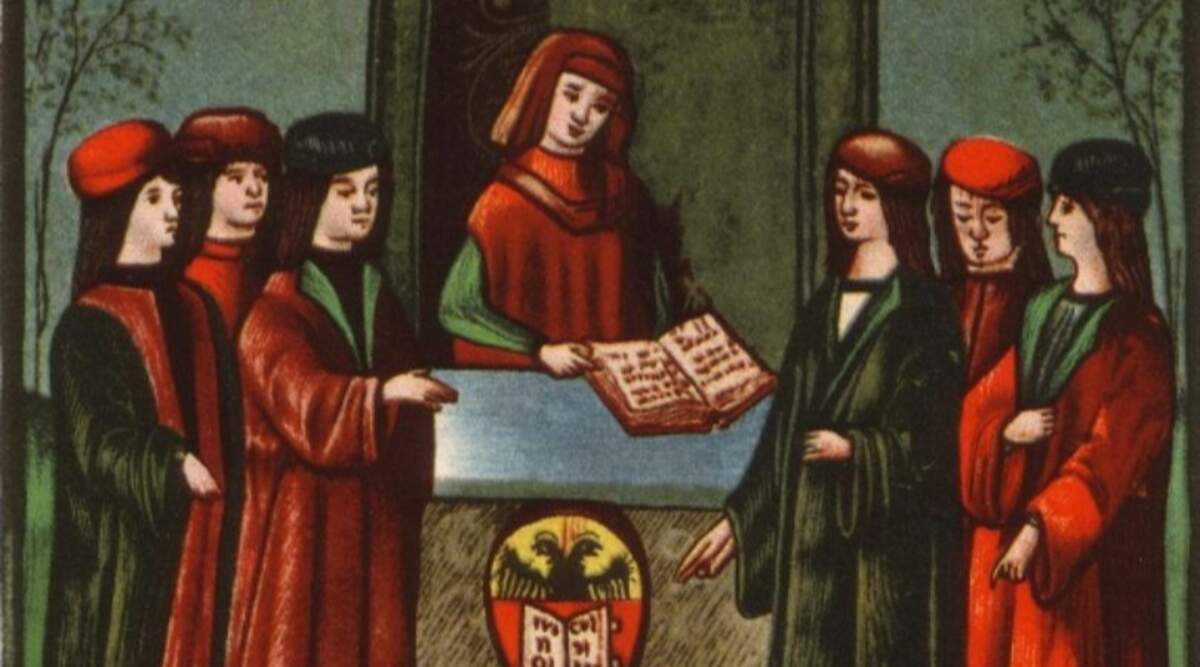 L’entrée d’étudiants dans la section allemande de l’université de Bologne, la Natio Germanica Bononiae, miniature de 1497.