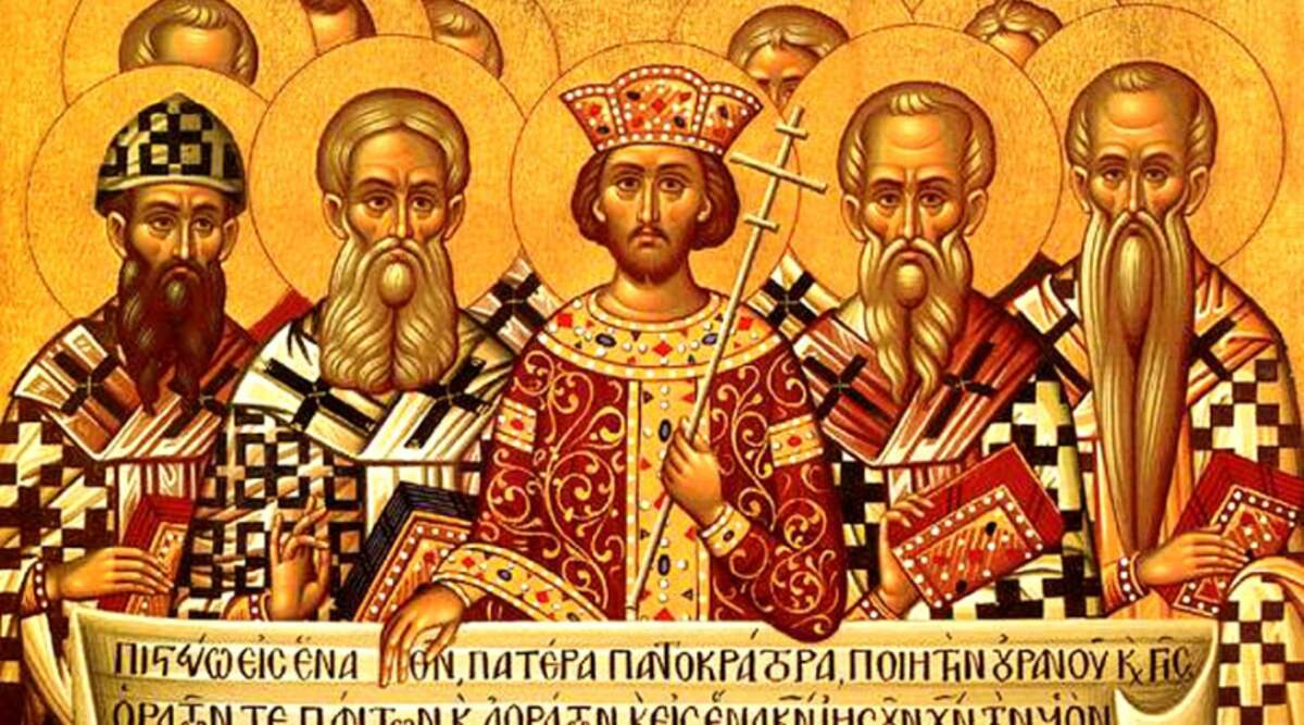 Icône montrant les évêques du concile de Nicée aux côtés de l’empereur Constantin, tenant anachroniquement le texte du « Symbole de Nicée-Constantinople » adopté au premier concile de Constantinople (381).
