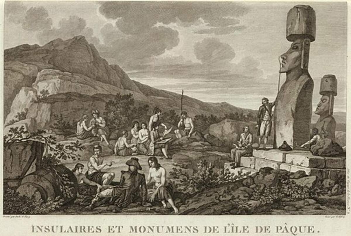 Duché de Vancy, Population de l’île de Pâques et statues Moai lors de la visite de l’expédition La Pérouse en 1786 (1792, source : Gallica))