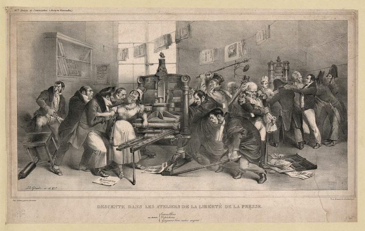 « Descente dans les ateliers de la liberté de la presse.» Lithographie de Grandville (v. 1832).