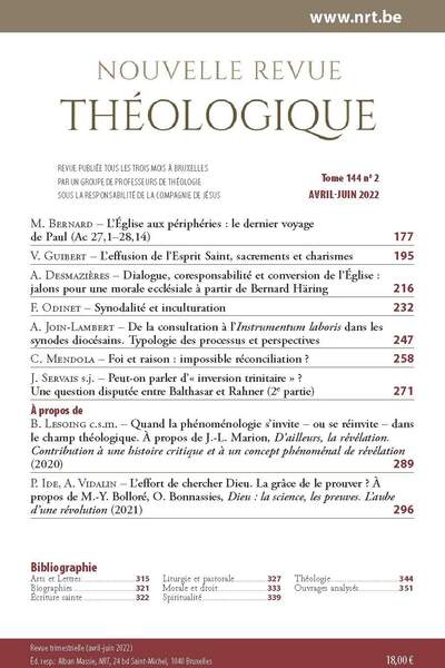 La Nouvelle Revue théologique, avril-juin 2022