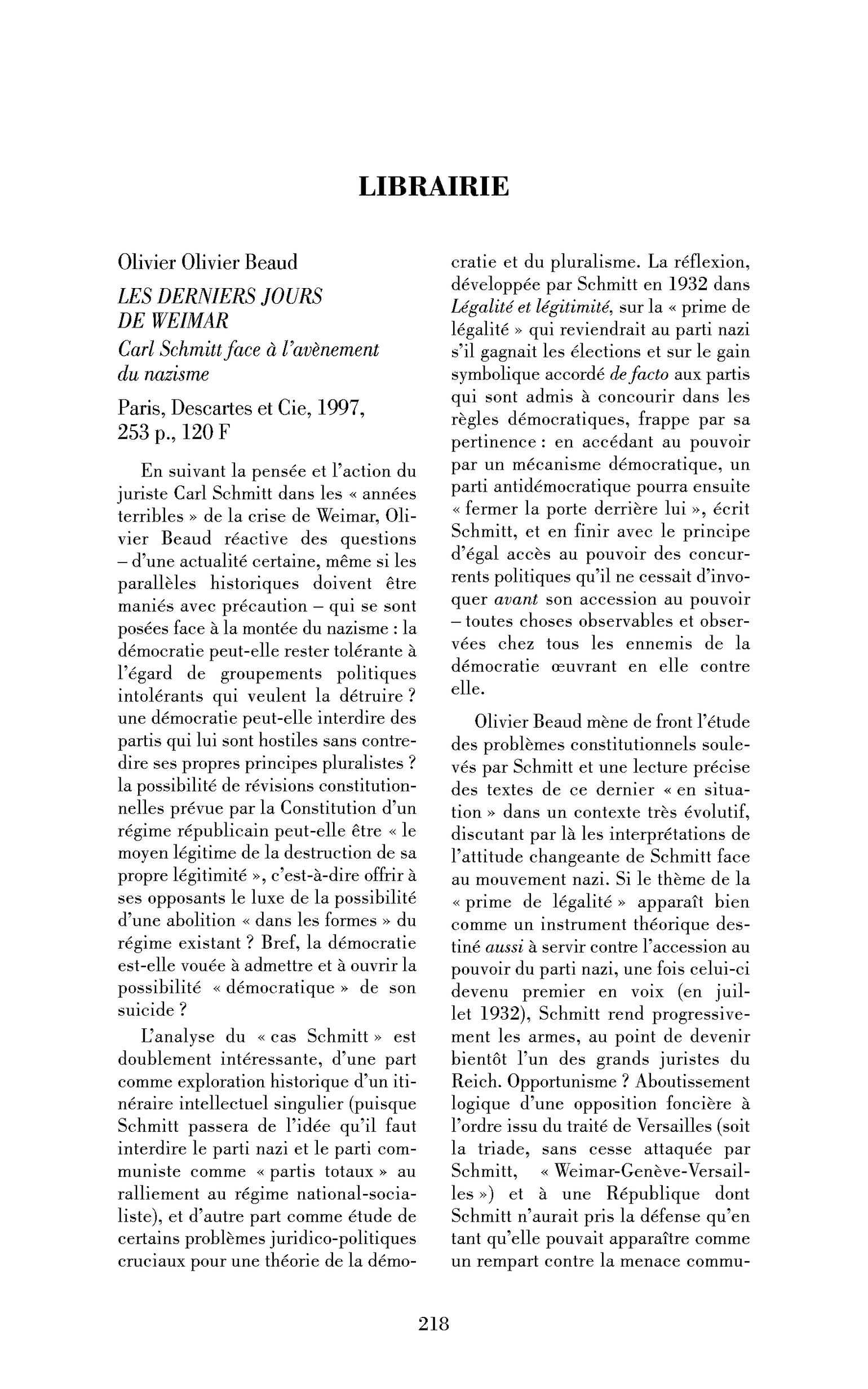 Olivier Beaud : les Derniers jours de Weimar. Carl Schmitt face à l’avènement du nazisme