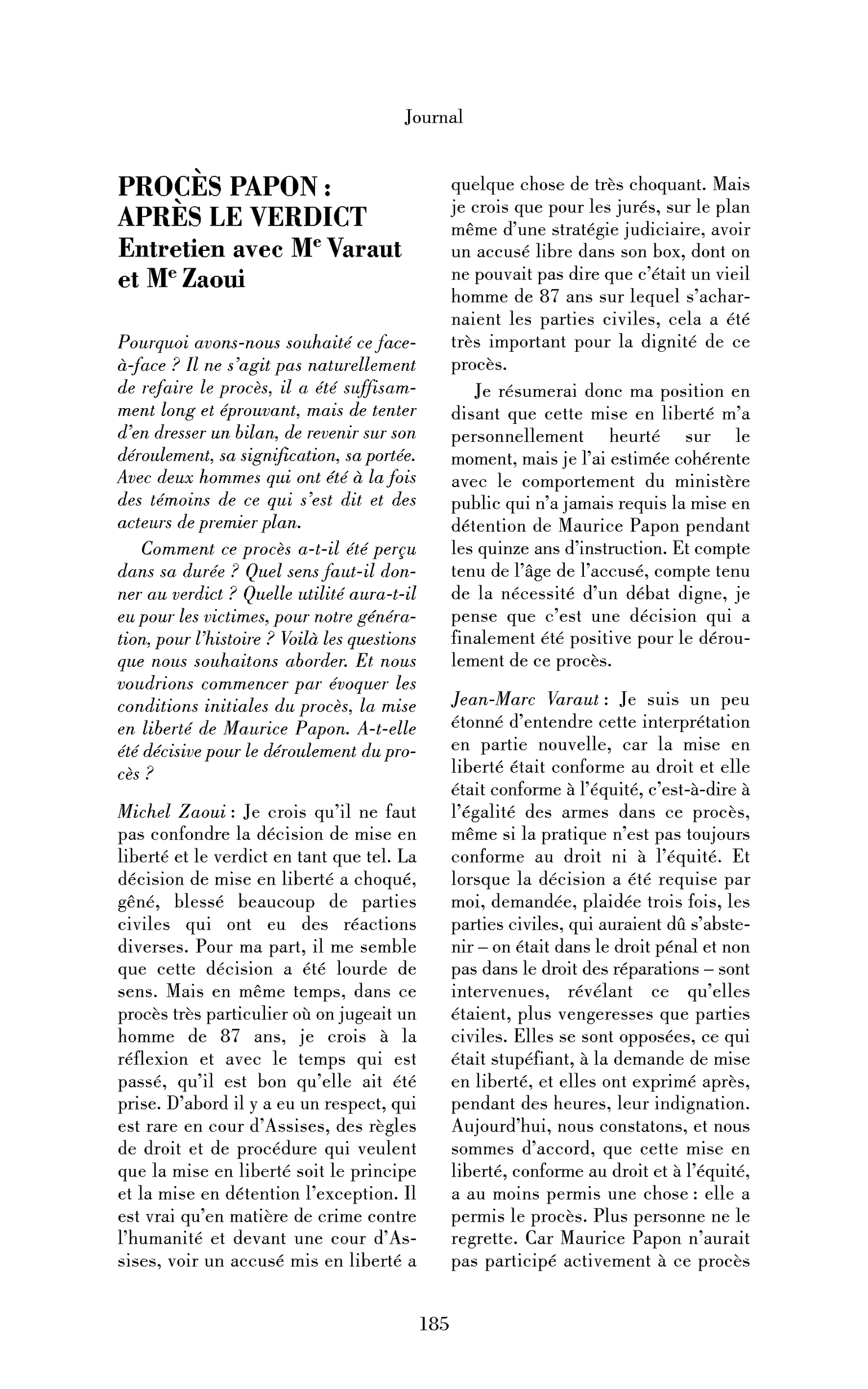 Procès Papon : après le verdict. (Entretien)