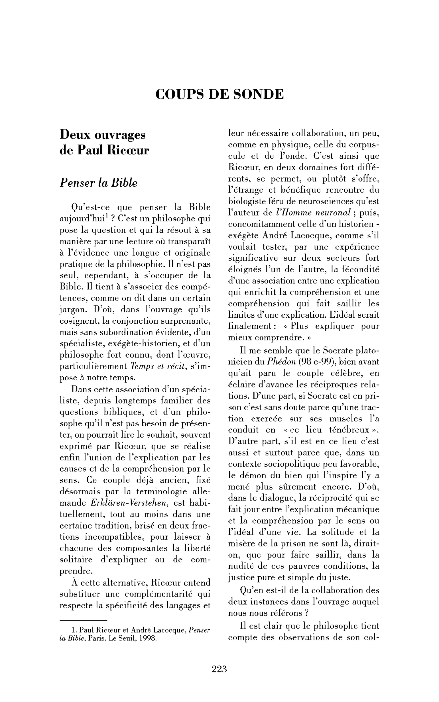 Penser la Bible, et la Nature et la règle : deux ouvrages de Paul Ricœur