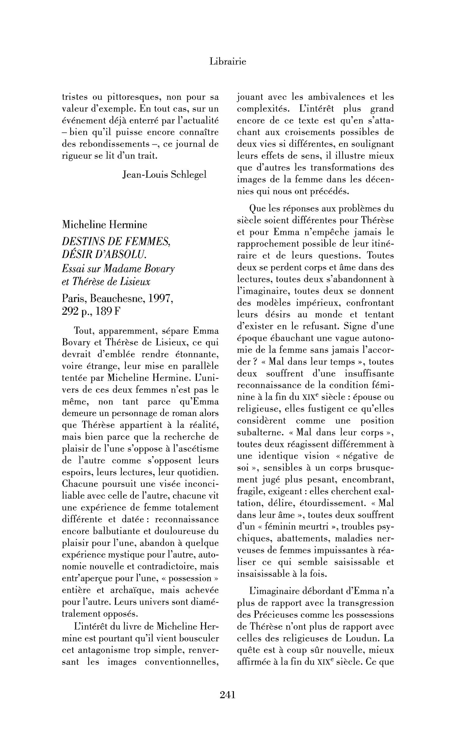 Micheline Hermine : Destins de femmes, désir d’absolu. Essai sur Madame Bovary et Thérèse de Lisieux