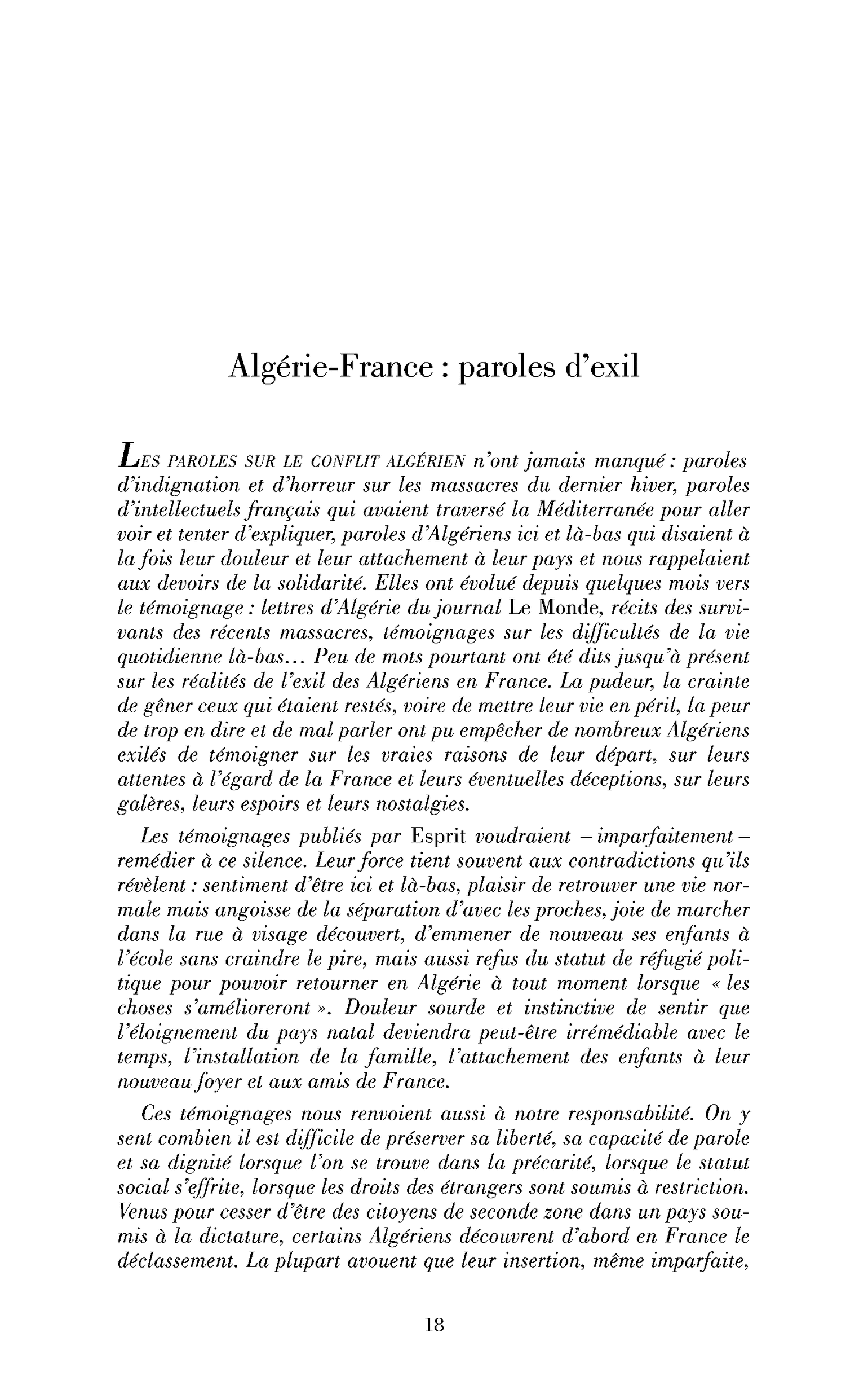Algérie-France : paroles d’exil. (Entretiens avec des réfugiés algériens)