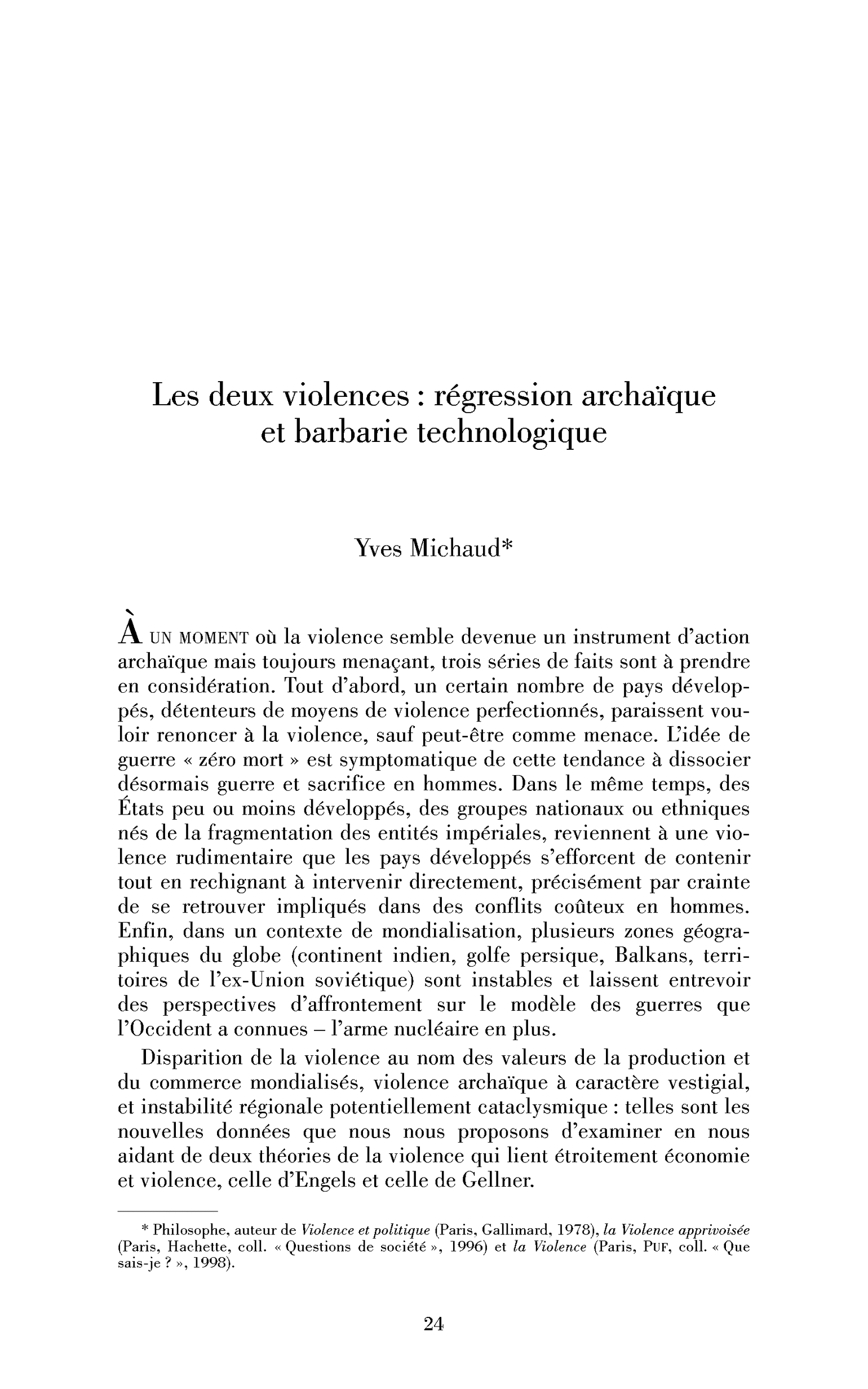 Les deux violences régression archaïque et barbarie technologique