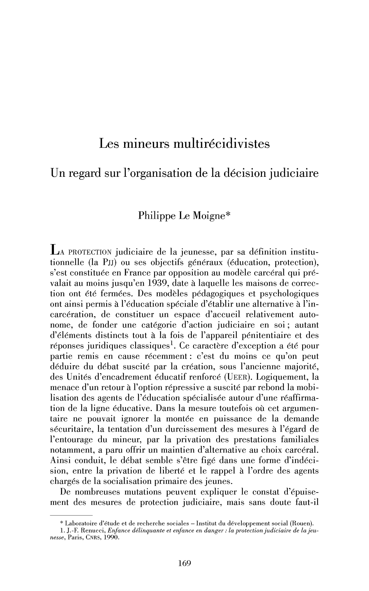 Les mineurs multirécidivistes. Un regard sur l’organisation de la décision judiciaire