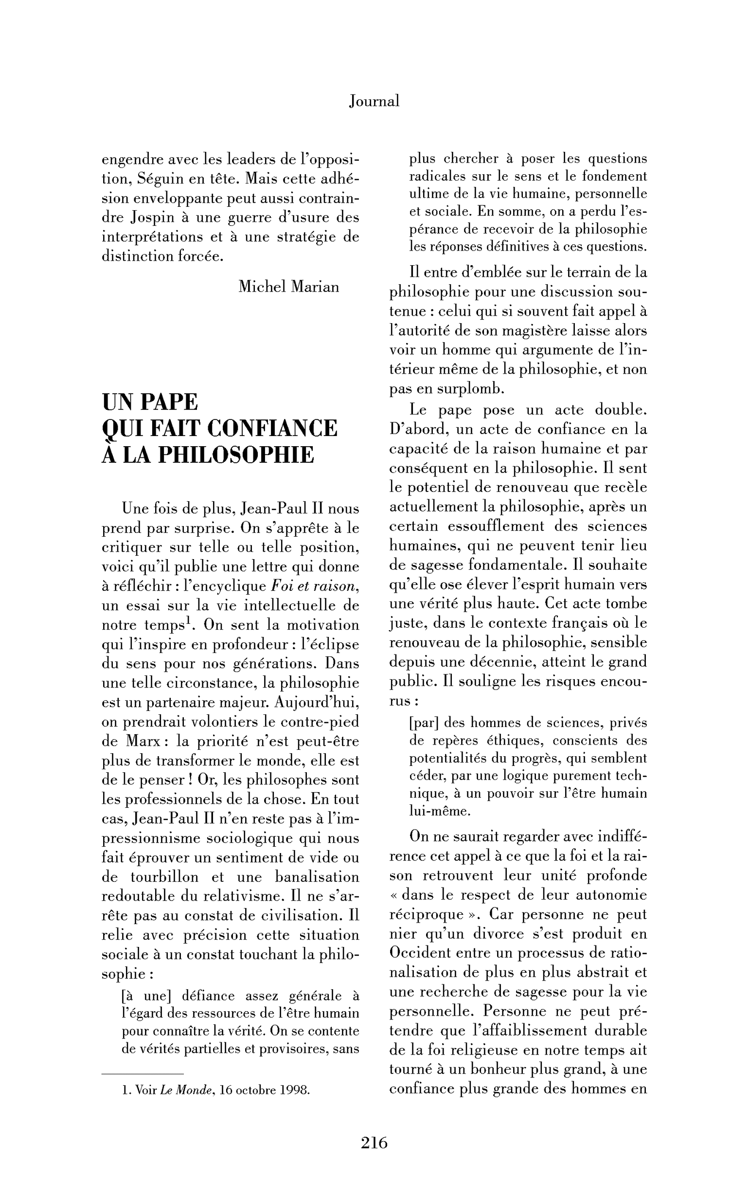 Un pape qui fait confiance à la philosophie