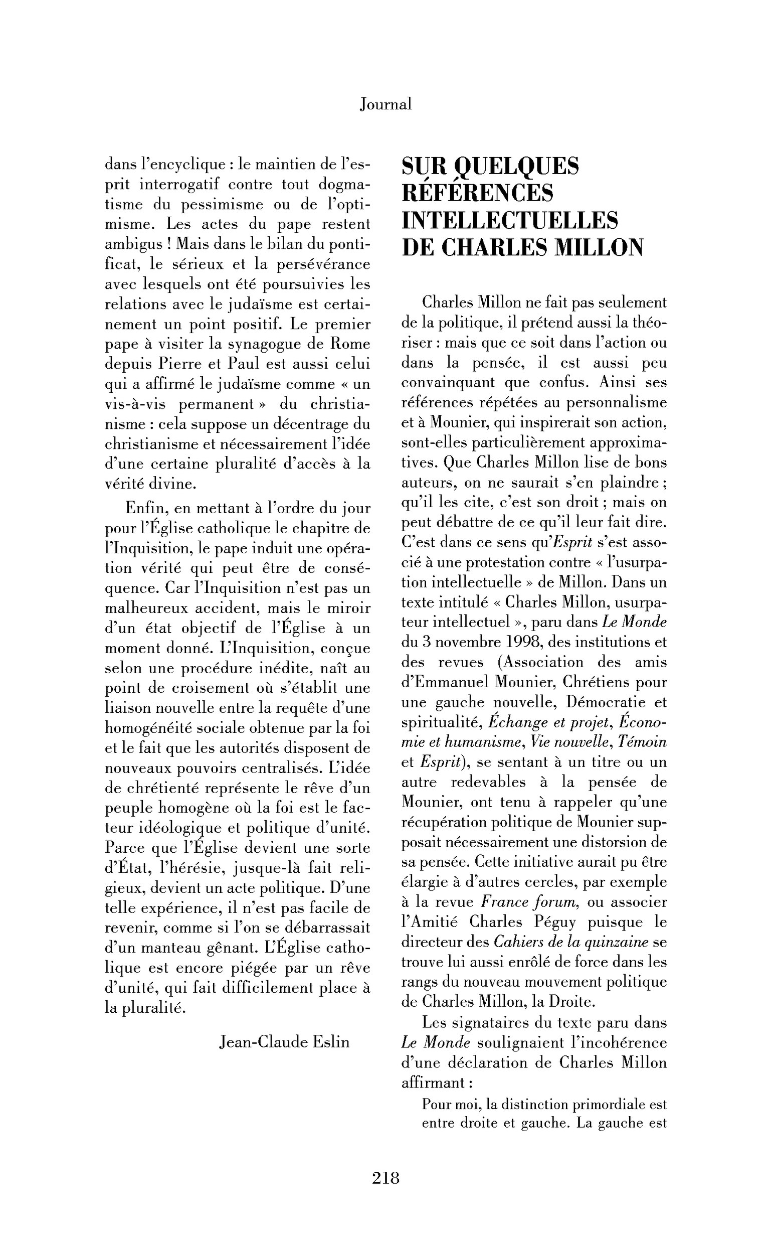 Sur quelques références intellectuelles de Charles Millon