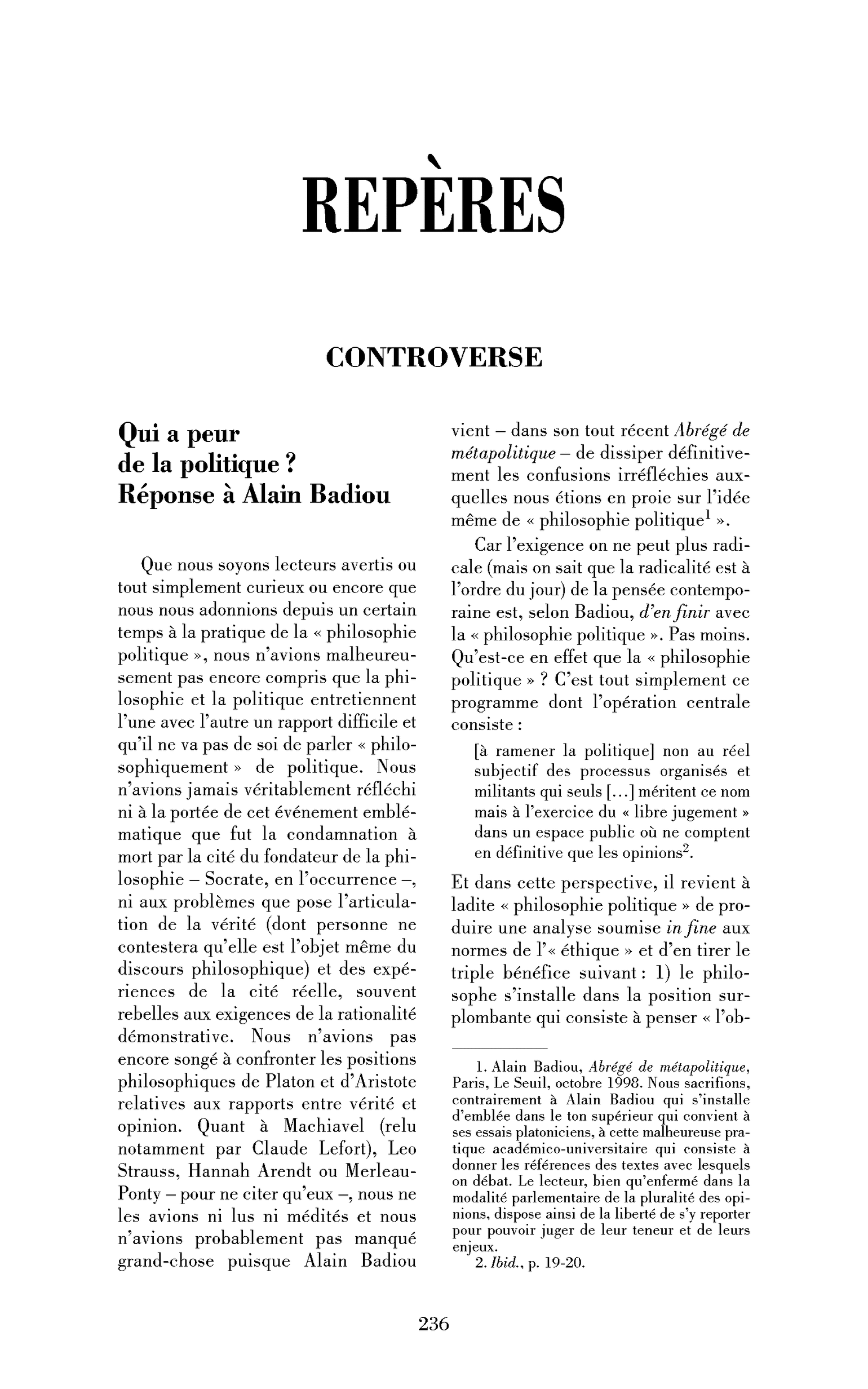 Qui a peur de la politique? Réponse à Alain Badiou
