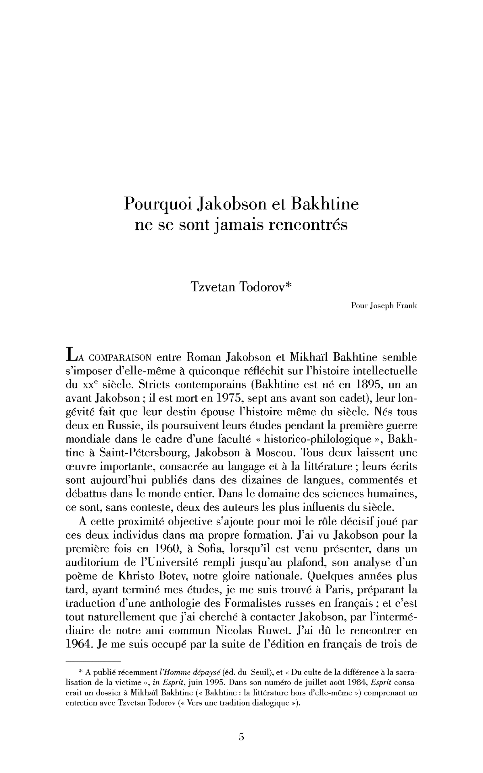Pourquoi Roman Jakobson et Mikhaïl Bakhtine ne se sont jamais rencontrés