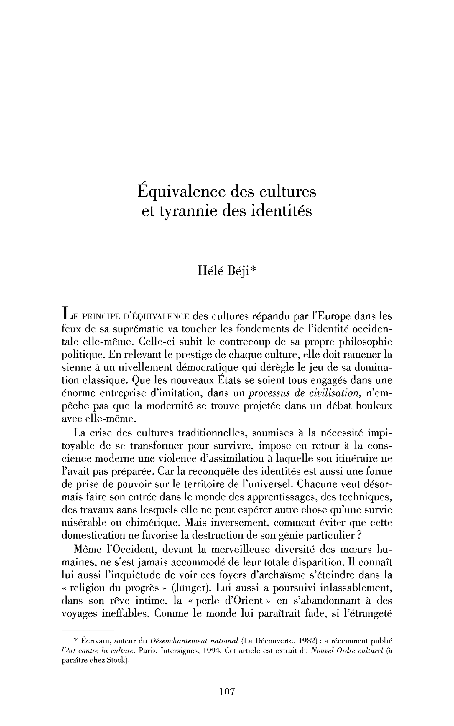 Équivalence des cultures et tyrannie des identités