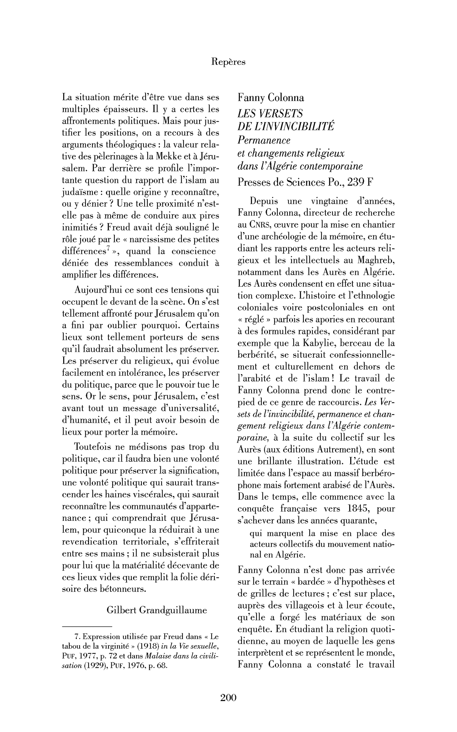 Fanny Colonna : les Versets de l’invincibilité. Permanence et changements religieux dans l’Algérie contemporaine