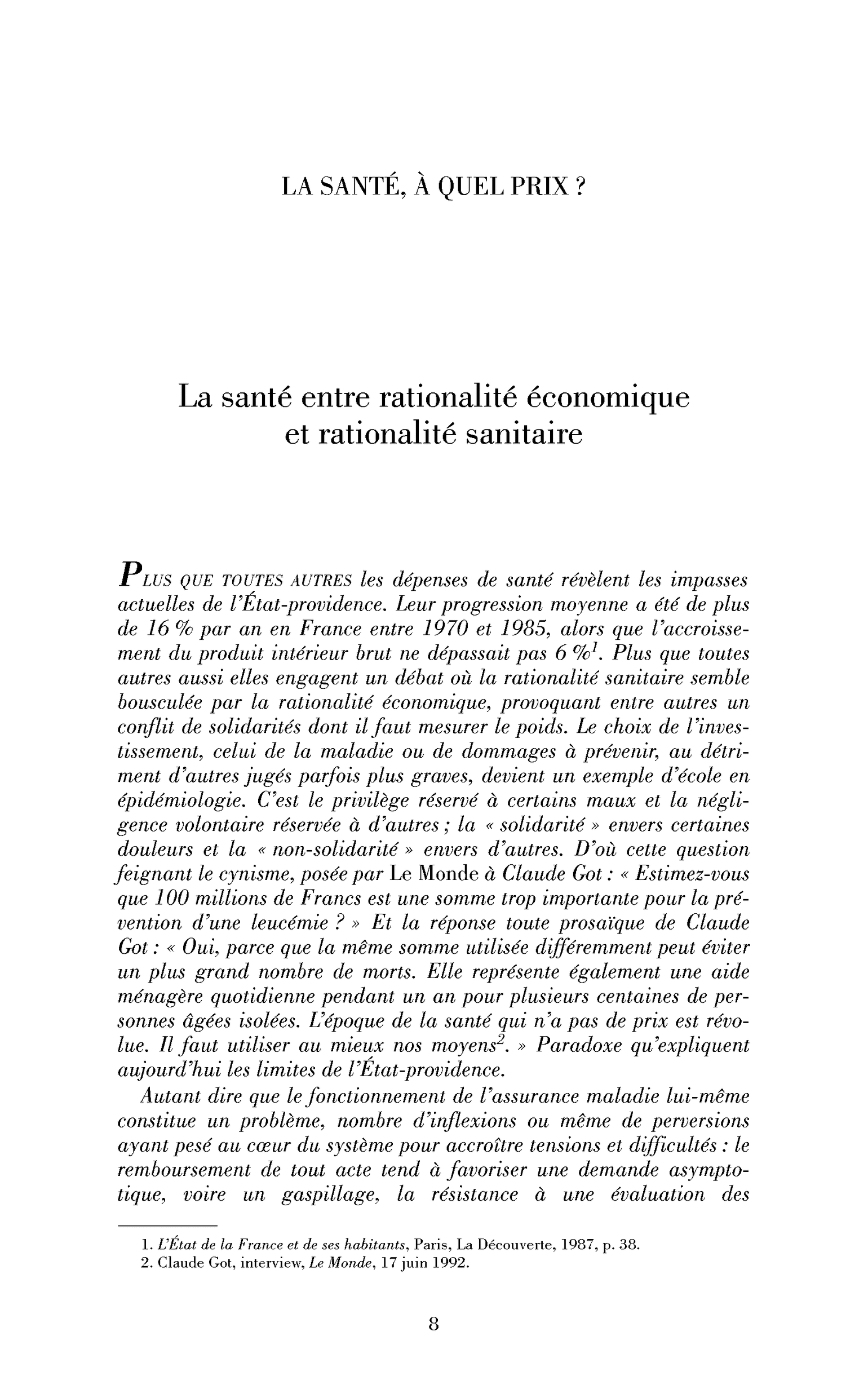 La santé entre rationalité économique et rationalité sanitaire