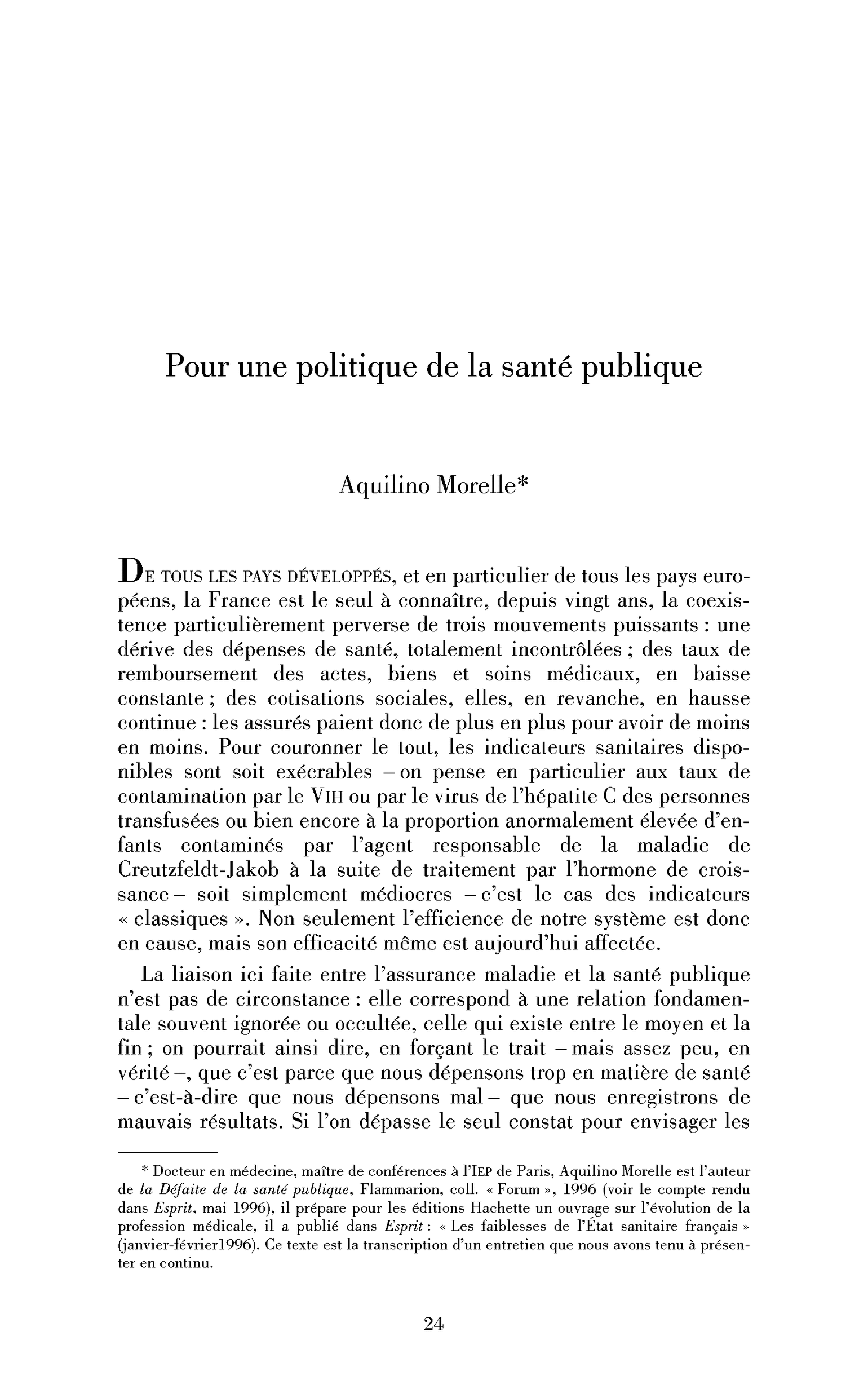 Pour une politique de la santé publique