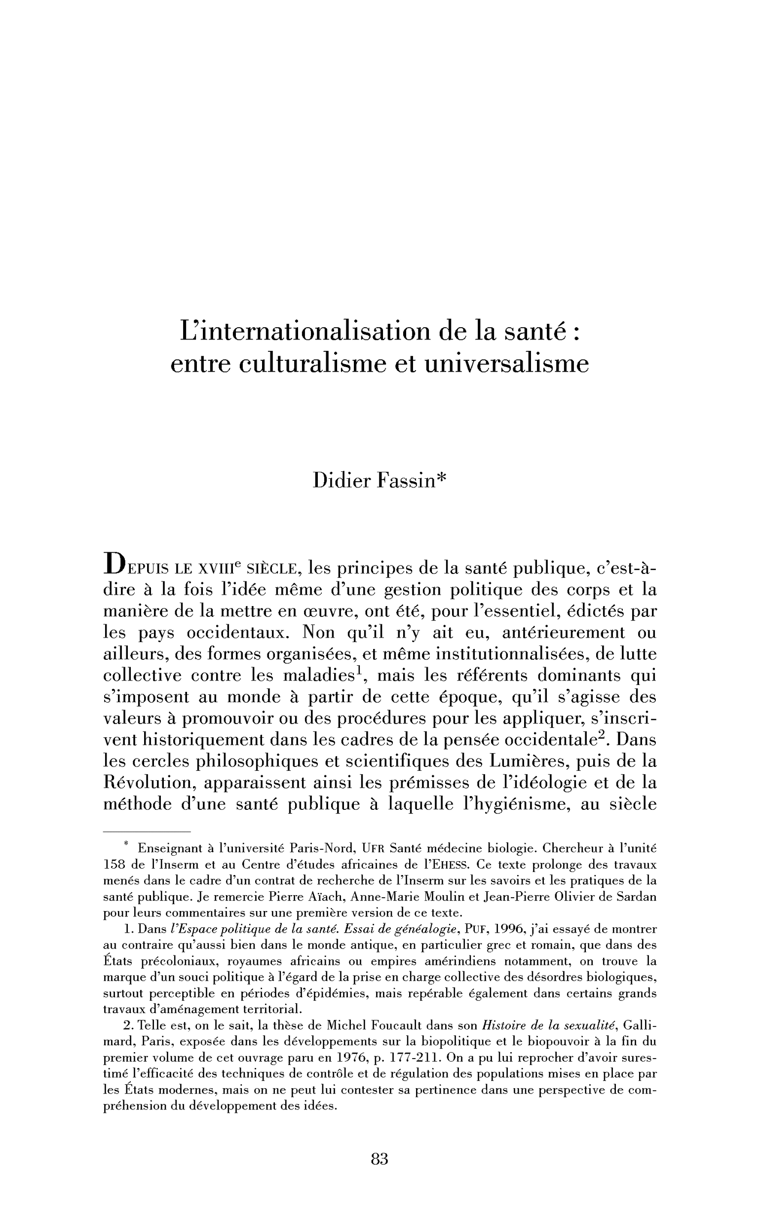 L’internationalisation de la santé : entre culturalisme et universalisme