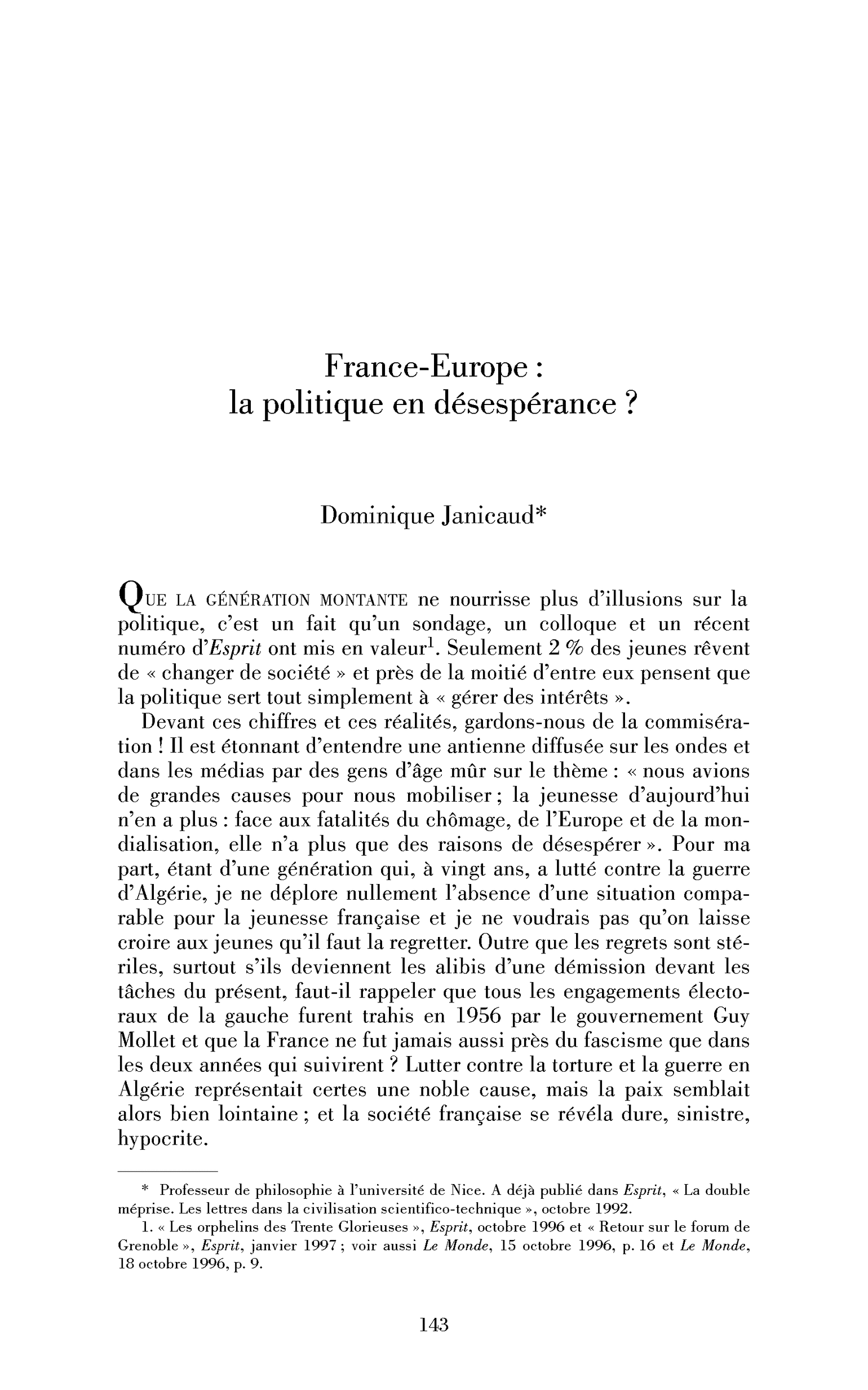 France-Europe : la politique en désespérance?